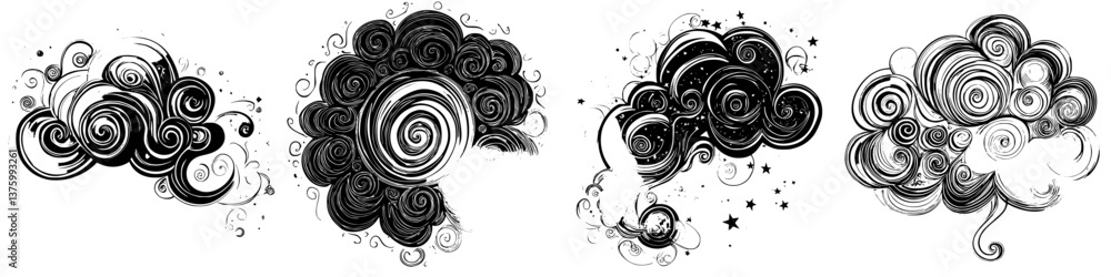 Poster swirling clouds create a whimsical pattern in black and white across a creative design backdrop
