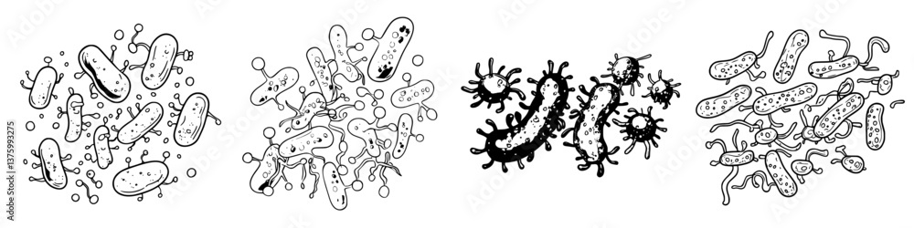Poster various types of microorganisms illustrated in black and white displaying unique shapes and structur