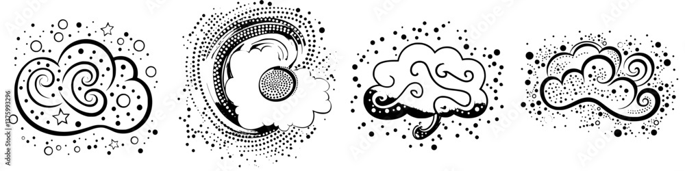Poster creative illustrations of abstract clouds in black and white displaying unique designs and patterns