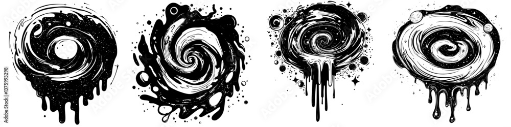 Poster intricate black and white abstract swirls depicting cosmic themes and dynamic movement in circular p