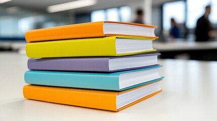 Stack of colorful notebooks on a white table, blurred office background. The notebooks are orange, yellow, purple, and teal.