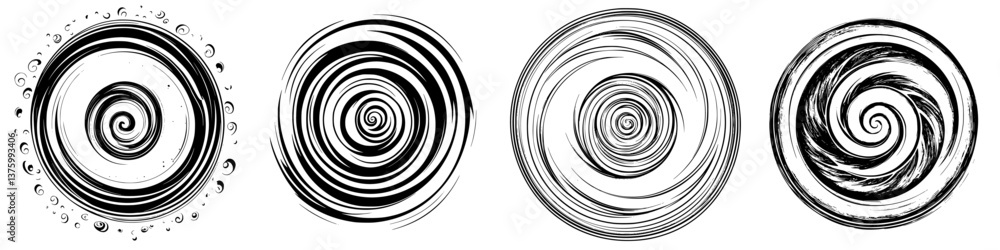 Poster spiral patterns in black and white showcasing a variety of swirling designs and shapes on a plain ba
