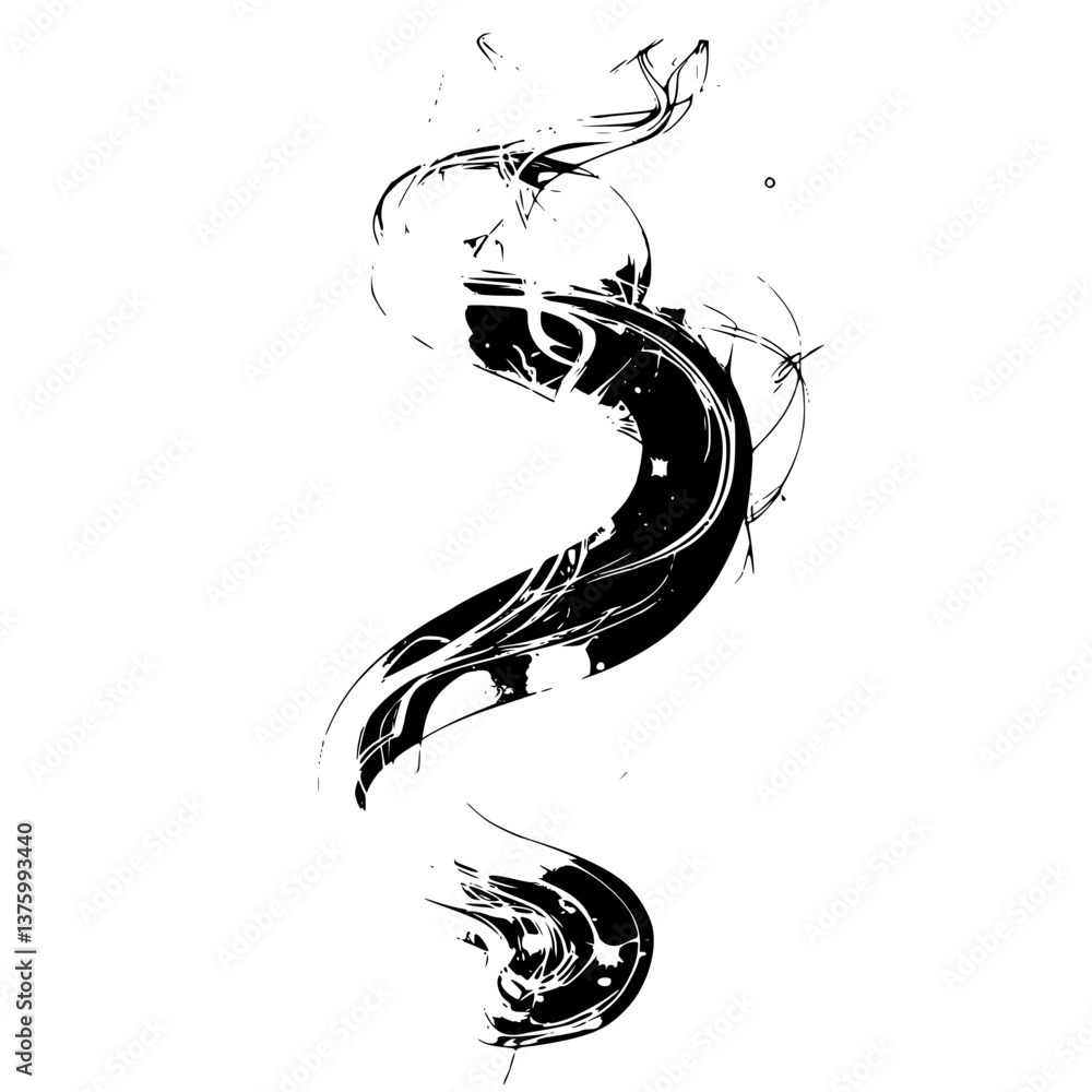 Poster swirling black and white abstract design with flowing shapes and dynamic movement in a minimalist st