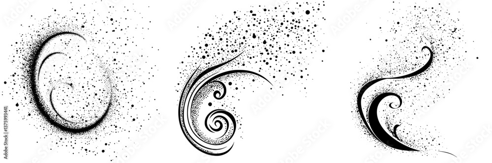 Poster artistic swirl designs with dots and lines in a black and white color scheme showcasing creative pat