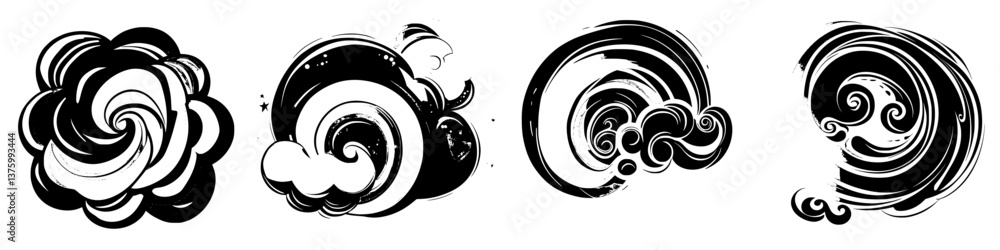 Aufkleber artistic interpretations of swirling clouds in black and white showcasing various fluid forms and mo