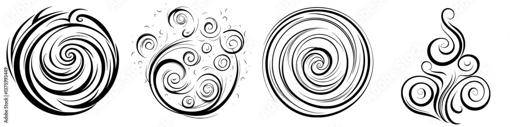 Poster swirling patterns in black and white artwork creating dynamic and flowing visual designs