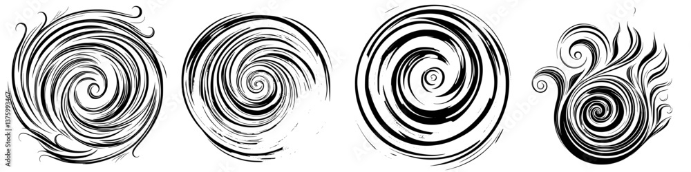Poster stylized black and white swirls showcasing dynamic shapes and intricate patterns in various configur