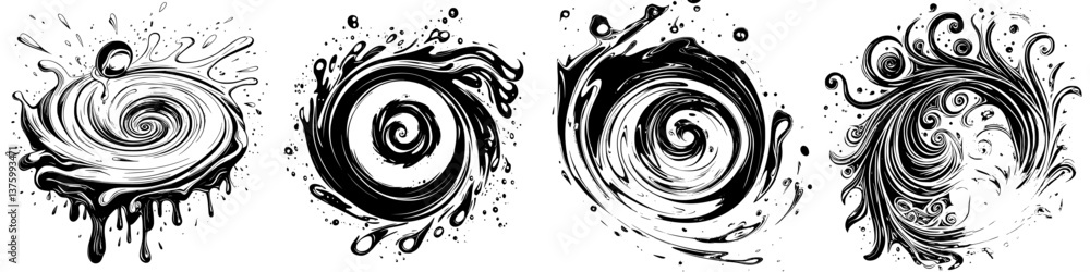 Poster swirling black and white patterns with fluid motion and artistic design showcased on a clean backgro