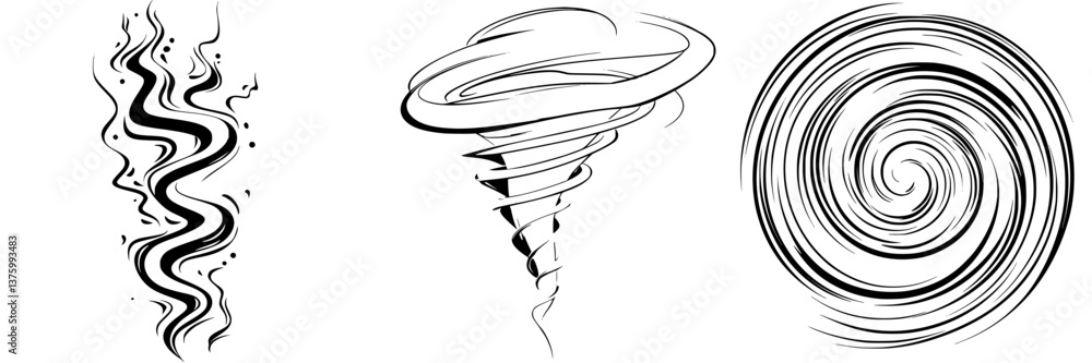 Poster abstract line art showcasing dynamic movements with swirls, a tornado, and a circular vortex in a mi