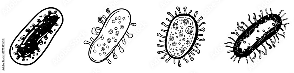 Poster various types of bacteria represented in black and white sketches showcasing unique shapes and struc