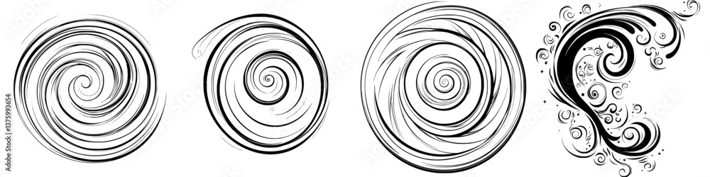 Poster artistic depiction of swirling patterns with dynamic shapes and textures created in black and white