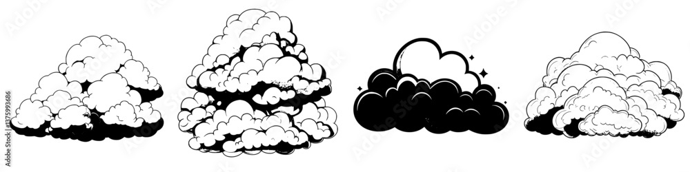 Poster different styles of decorative clouds illustrated in a minimalistic design with black outlines and v