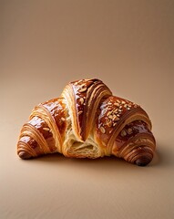 A folded looking almond croissant on a plain golden brown background