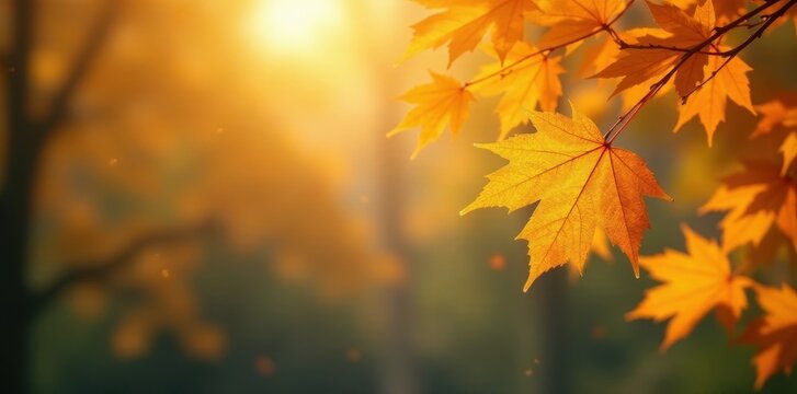 Golden autumn maple leaves falling against a softly blurred background of trees , autumn, blurred background, outdoors