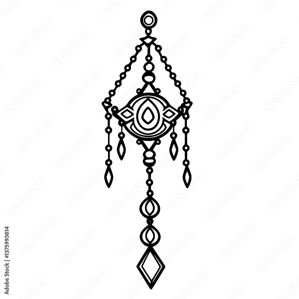 Poster elegant line art design featuring intricate dreamcatcher elements with dangling beads and shapes