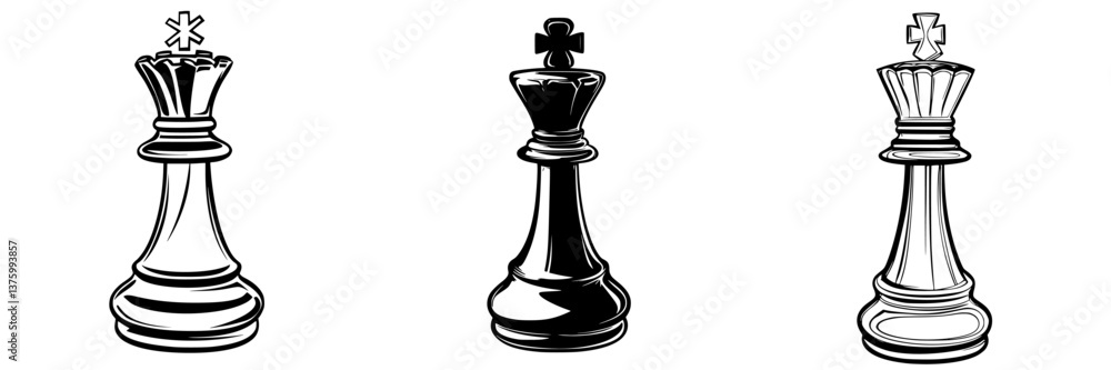 Poster different styles of chess king pieces displayed in monochrome on a plain background