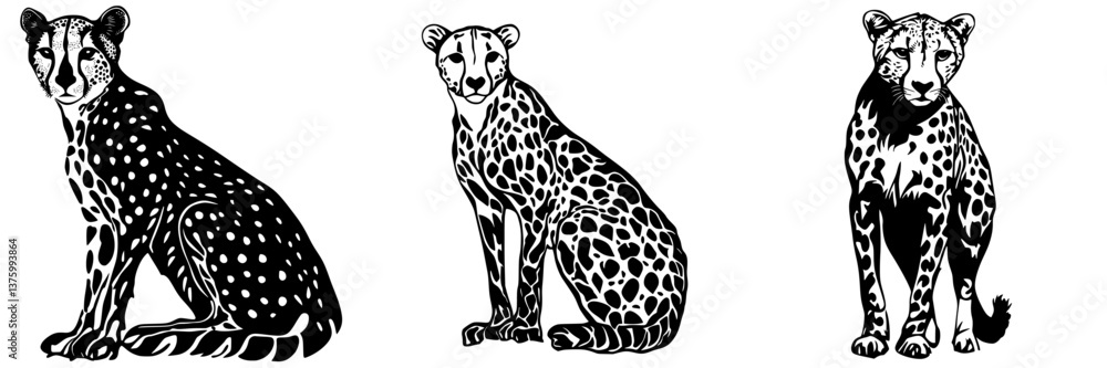Poster cheetah illustrations showcasing unique patterns and poses in a minimalist artistic style