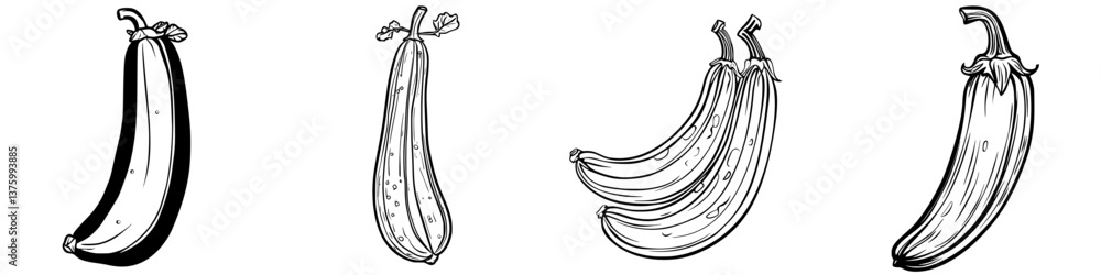 Poster various illustrations of bananas showing distinct shapes and sizes in a minimalist art style