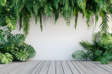 Fototapeta premium Green plants and wooden floor on a white wall background, tropical leaves, home interior design mock-up for product display presentation, empty space concept.