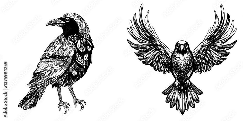 Poster intricate black and white illustrations of a crow standing and a bird soaring in flight filled with 