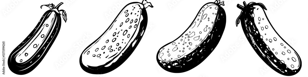 Poster sketch of various cucumber shapes showcasing their distinct forms and textures in black and white