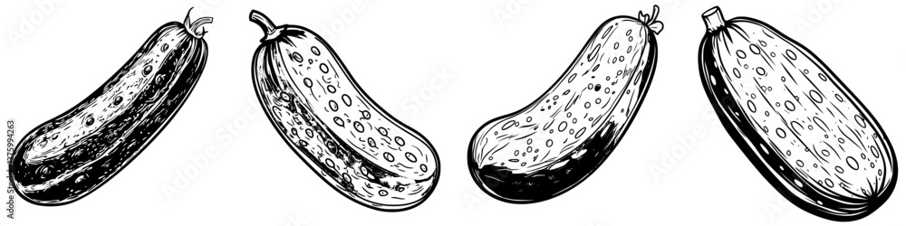 Poster cucumbers arranged in a row showing various shapes and textures in a simple black and white illustra