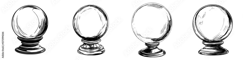 Poster various designs of crystal balls displayed in a row on different stands highlighting their unique fe