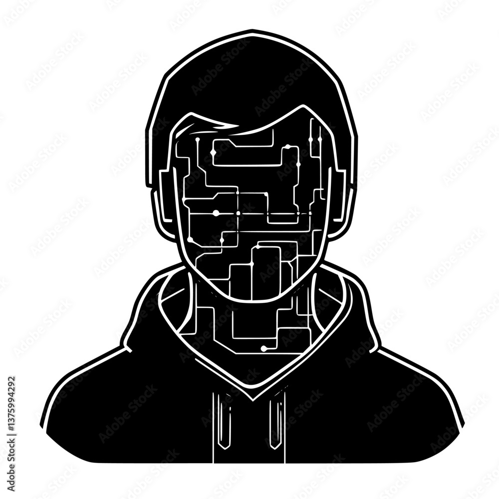 Poster digital representation of a person with circuitry design in face, showcasing technology and human co