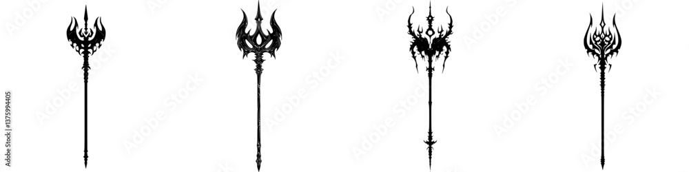 Poster stylized weapon designs displayed in a row showcasing intricate details and varying shapes