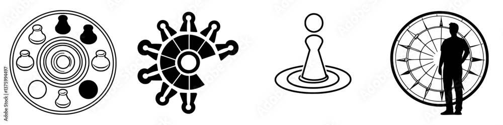 Poster various black and white symbols illustrating game components and dynamic interaction at a creative d