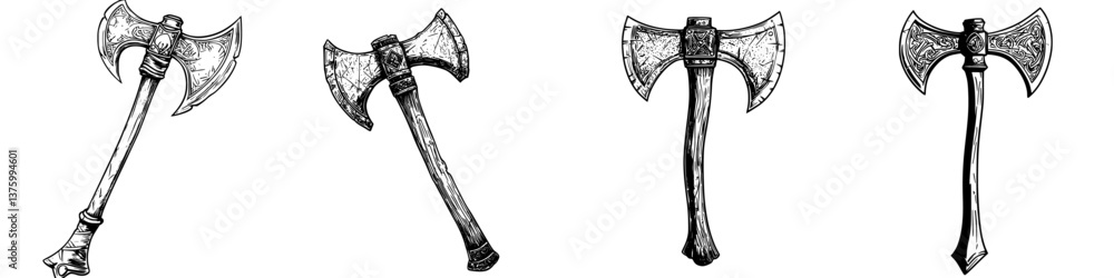 Poster collection of intricately designed axes with varied styles on display