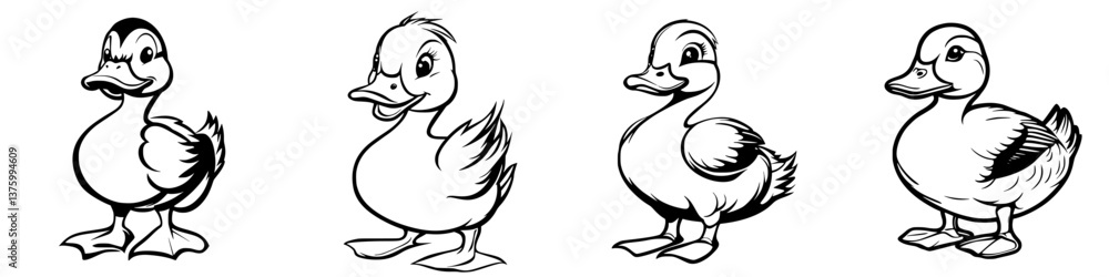 Poster various cartoon ducks displaying different expressions and postures in a playful style
