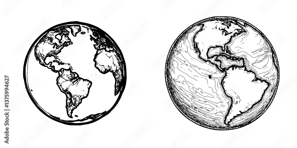 Poster artistic rendering of two earth illustrations showcasing different styles and textures simultaneousl