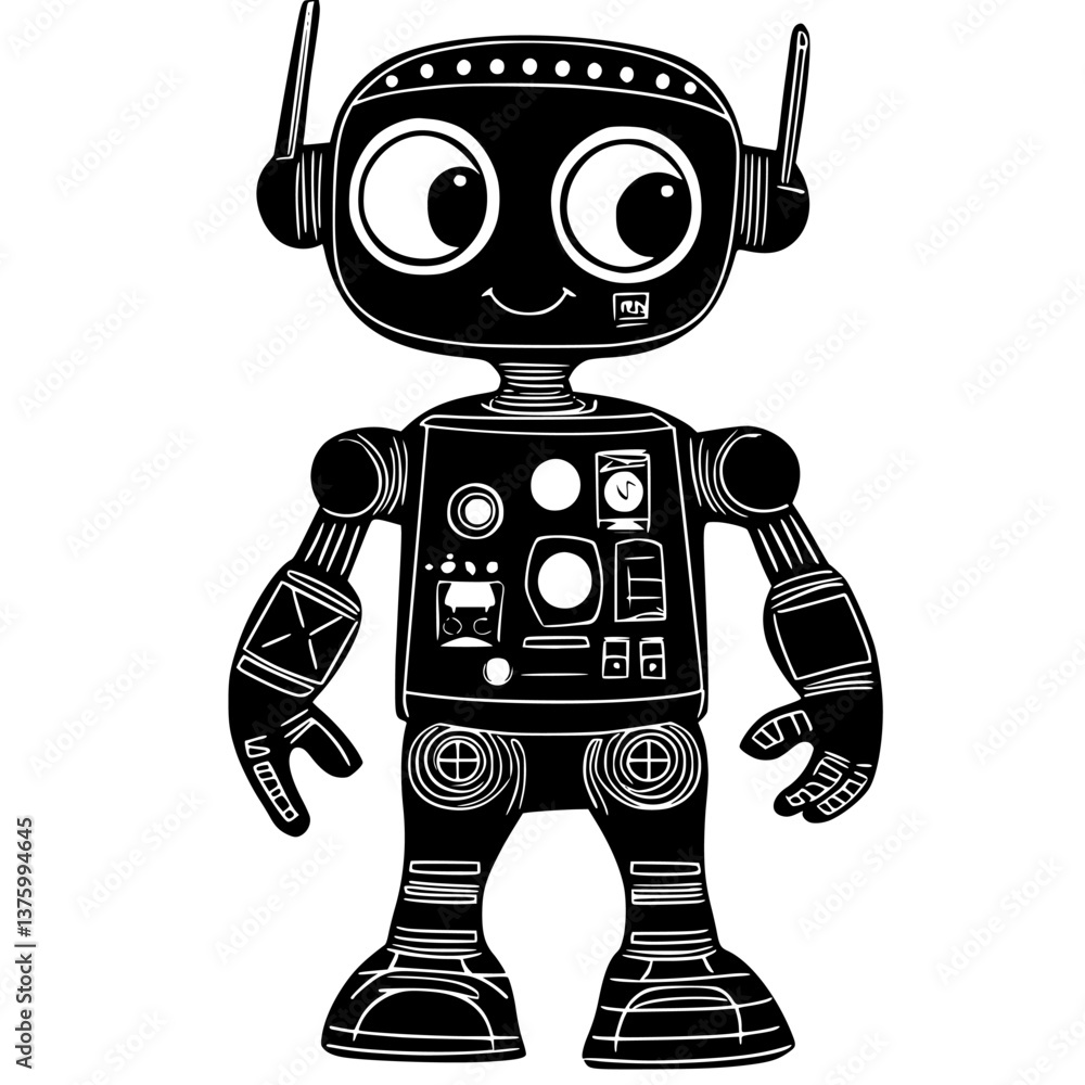 Poster whimsical cartoon robot with large eyes and playful design standing upright in a playful pose