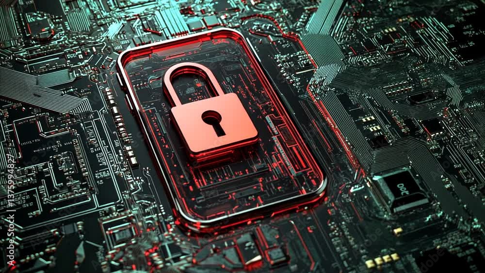 Poster electronic circuit board with lock symbol representing data protection concept