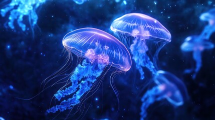 Beautiful blue jellyfish floating in a dark underwater scene