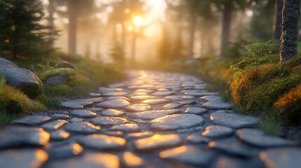 Naklejka premium Ancient Stone Pathway Blanketed in Jade Greenery Surrounded by Trees at Dawn