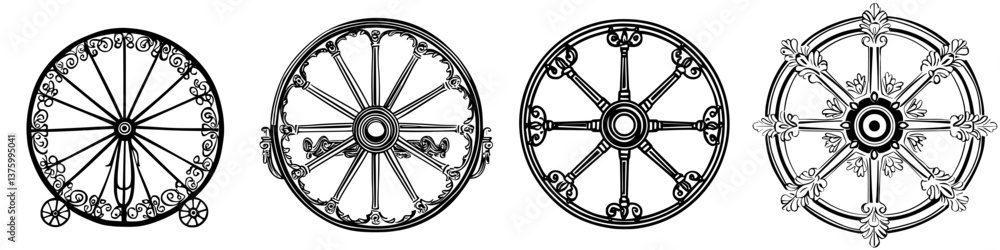 Poster decorative wheel designs showcasing intricate patterns and distinct styles created for artistic expr
