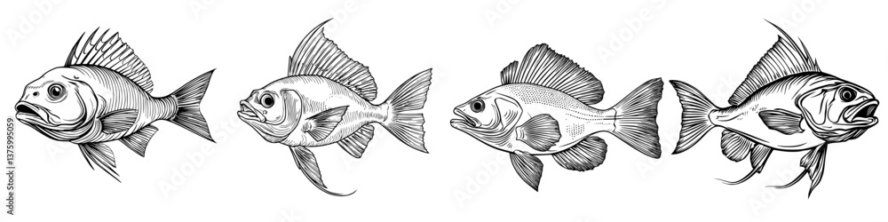 Poster various types of fish illustrated with fine details showcasing different angles and features in mono