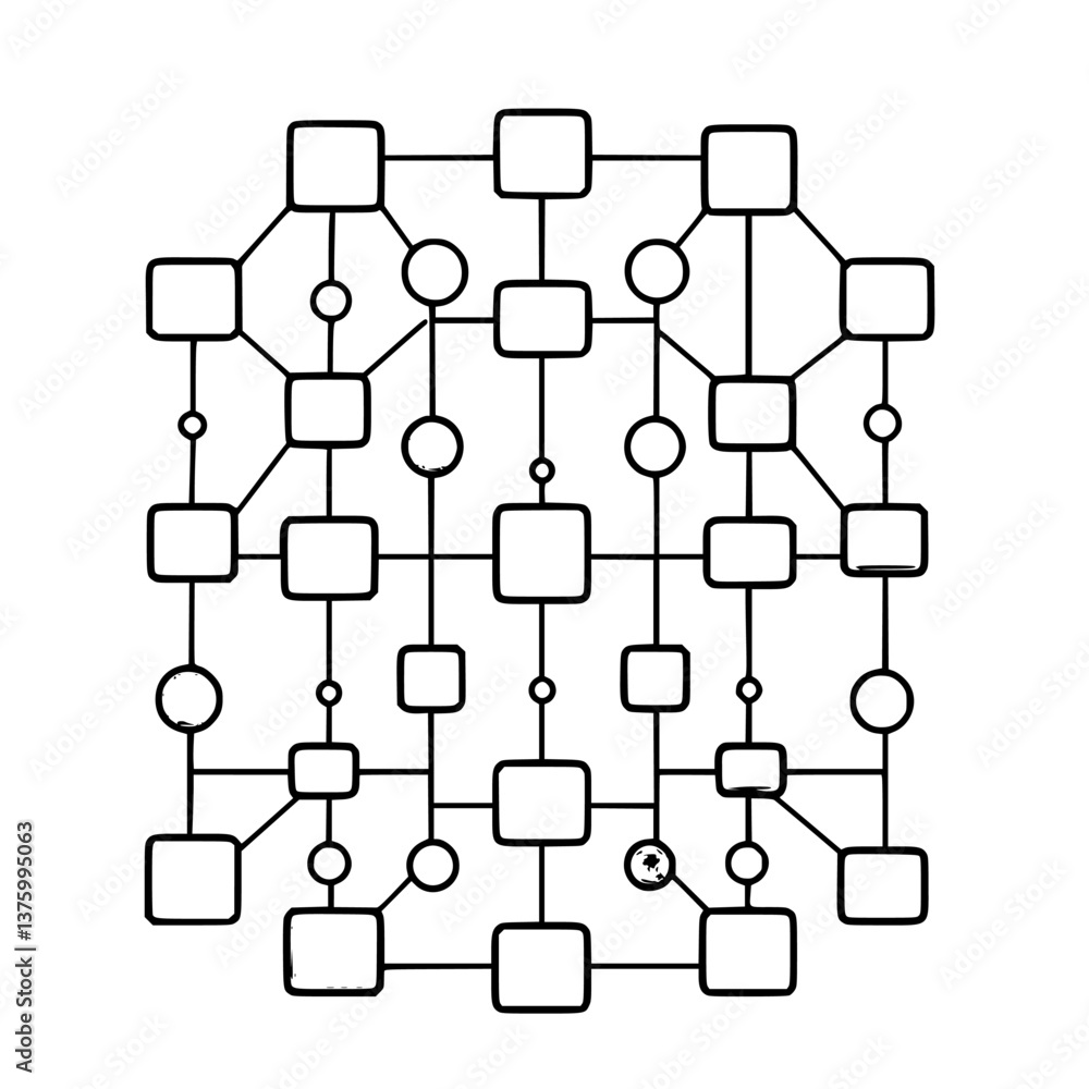 Poster complex geometric pattern showcasing interconnected shapes on a grid layout featuring squares and ci