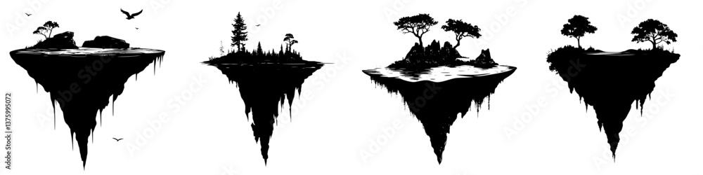 Poster floating islands with trees and rocks showcase a surreal landscape in a minimalist style