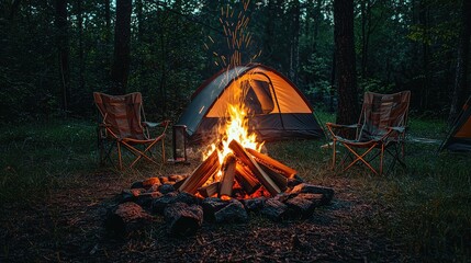 A cozy scene in the forest with a glowing bonfire and firewood crackling, surrounded by camping chairs and a tent under the stars.
