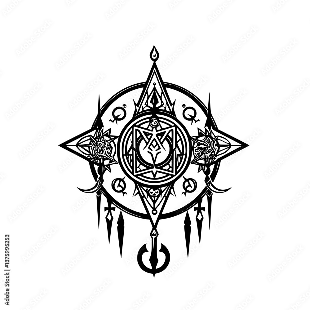 Poster intricate black and white compass design with mystical symbols and motifs created on a white canvas 
