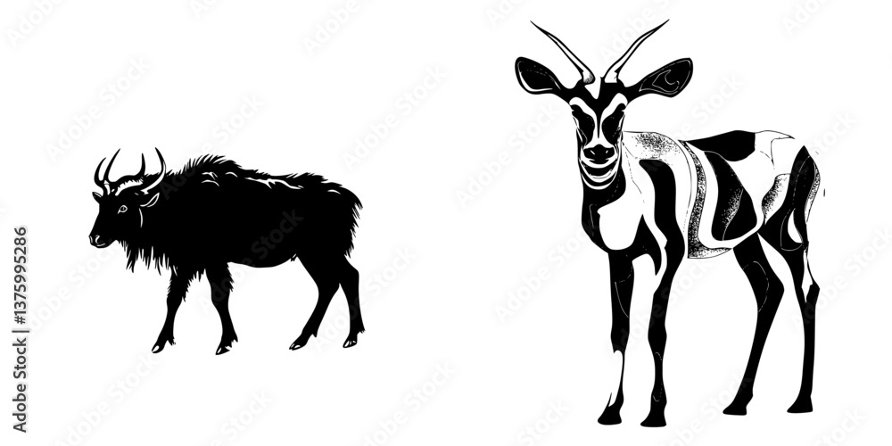 Poster dual depiction of goats showing contrasting styles and characteristics in a minimalist artistic sett