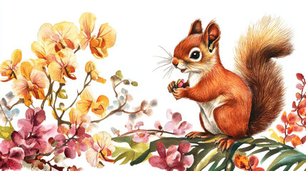 Fototapeta premium Squirrel and Orchids: A charming watercolor illustration depicts a cute squirrel perched on a branch amidst a vibrant display of orchids. The artwork captures the beauty of nature, with a soft.