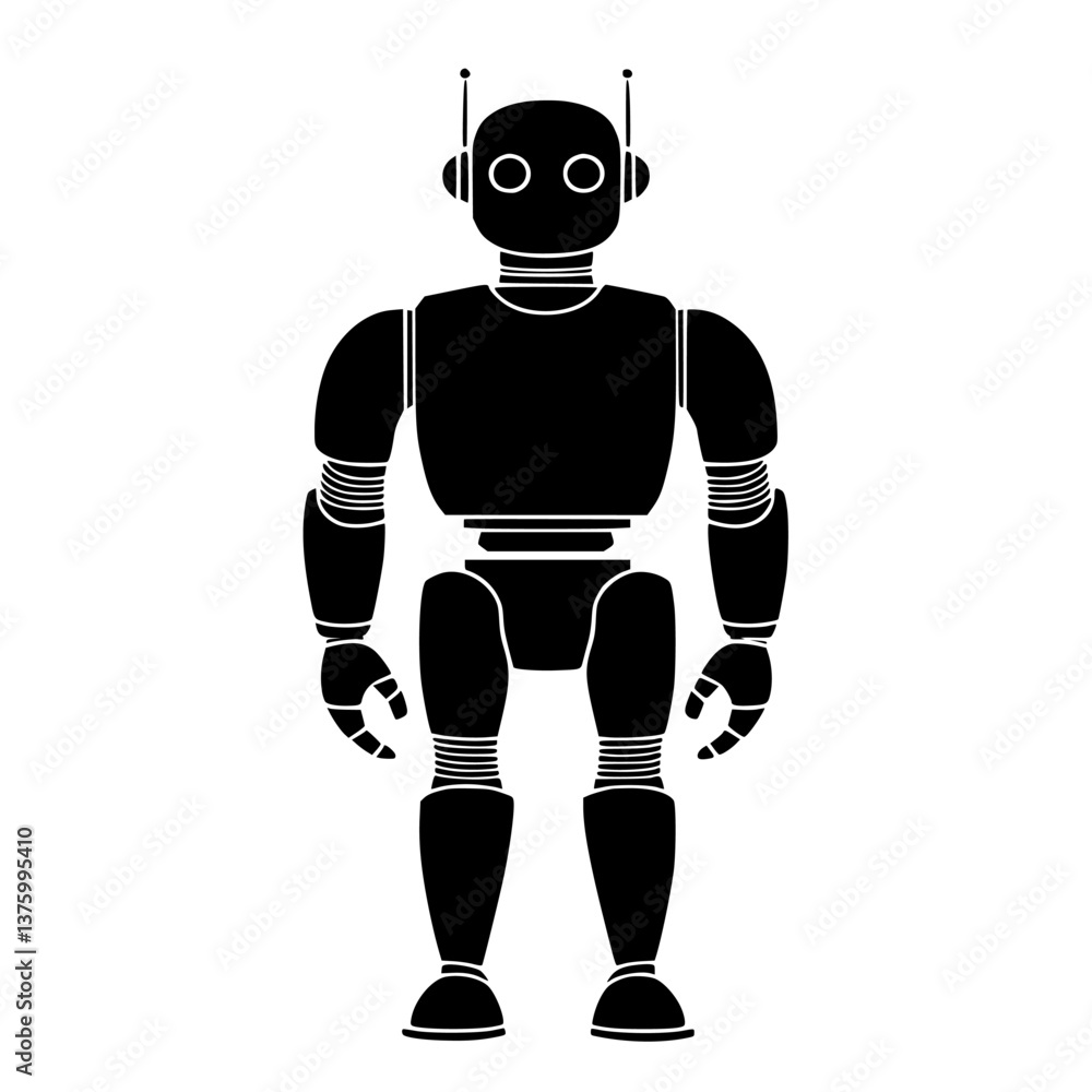Poster robot design featuring a vintage style with distinct features and simple shapes in black, conveying 