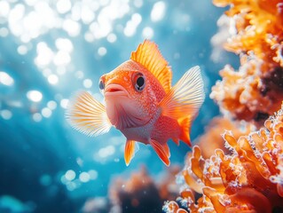 Fototapeta premium fish darting through shimmering microplastics near a coral cluster close up focus on agility ethereal composite marine world