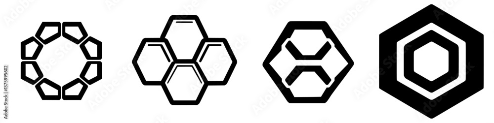Poster design variations of geometric patterns showcasing hexagonal and circular shapes in a minimalist sty