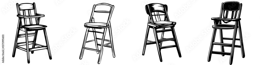 Poster collection of wooden high chairs in various designs and styles arranged in a row against a simple ba
