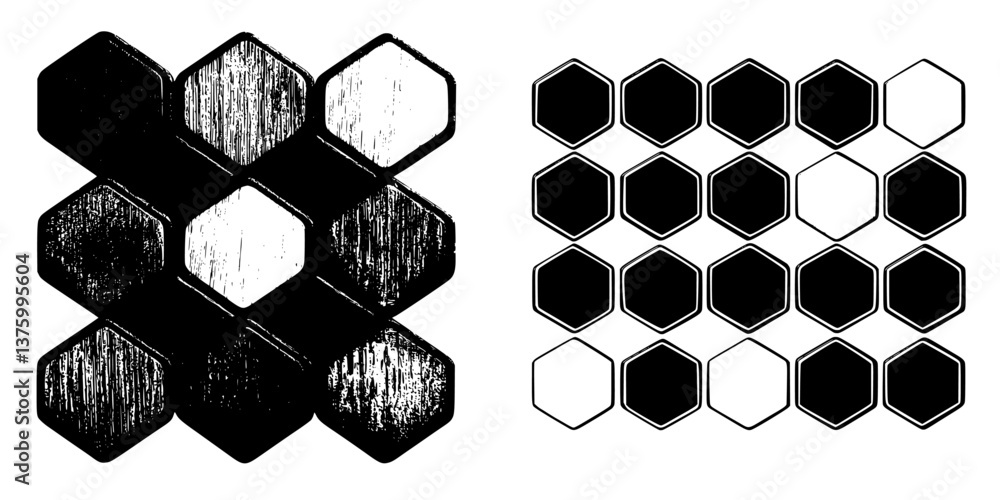 Poster unique abstract geometric designs featuring black and white hexagons in two different arrangements